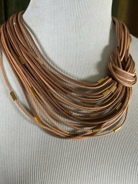 Multi-Strand Tan Knot Statement Necklace with Gold Accents - Picture 3 of 4